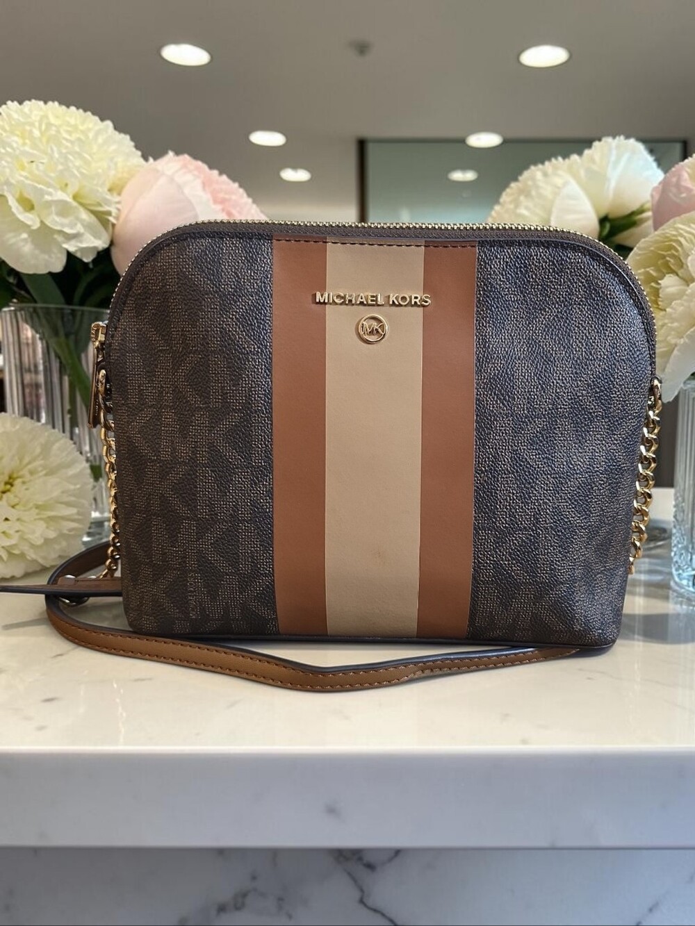 Michael Kors-Dome crossbody- Brown signature monogram canvas w/ Center Stripe